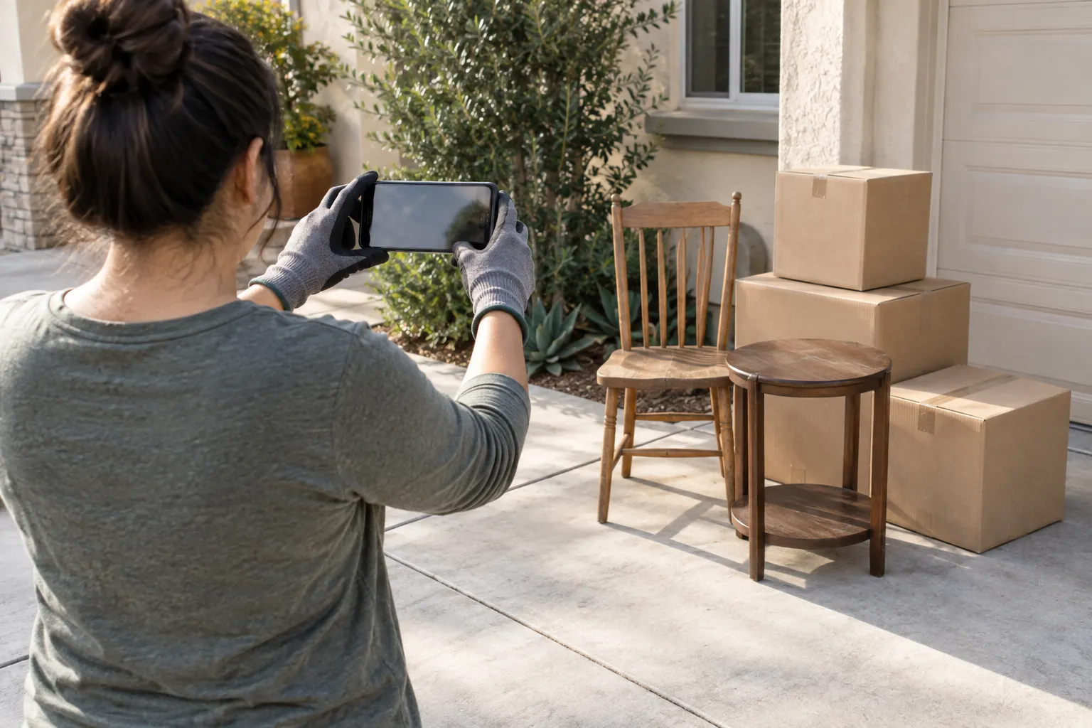 Illustrative scene of a homeowner photographing a small, neatly staged junk-removal load