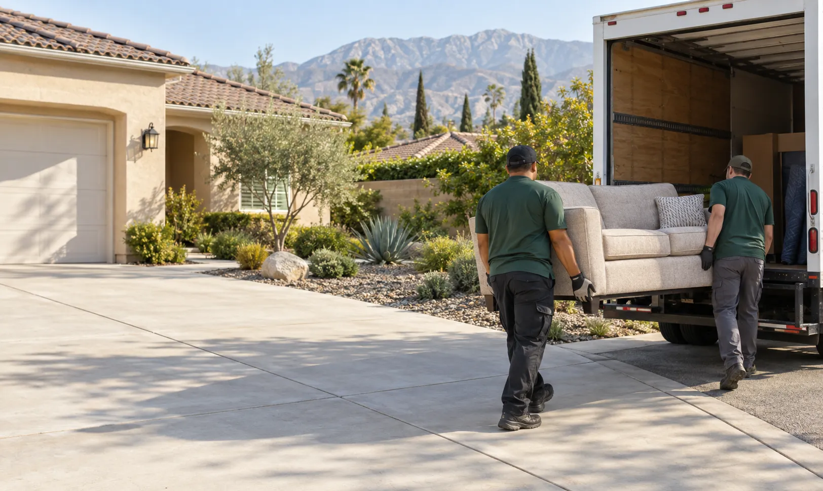 Illustrative scene of two workers moving a sofa toward an unbranded junk removal truck